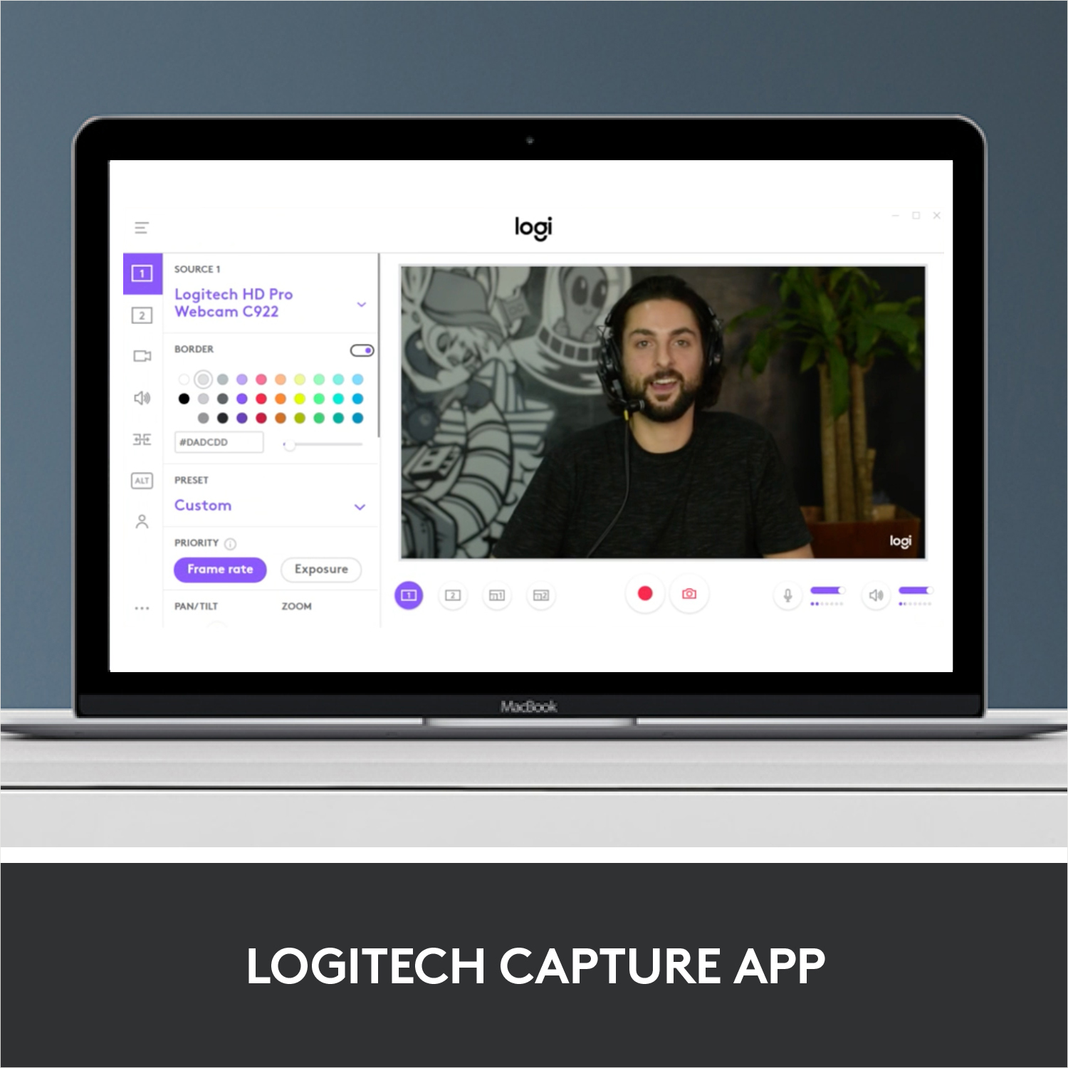 Laptop-Bildschirm zeigt Webcam-App-Oberfläche. Mann auf dem Bildschirm.