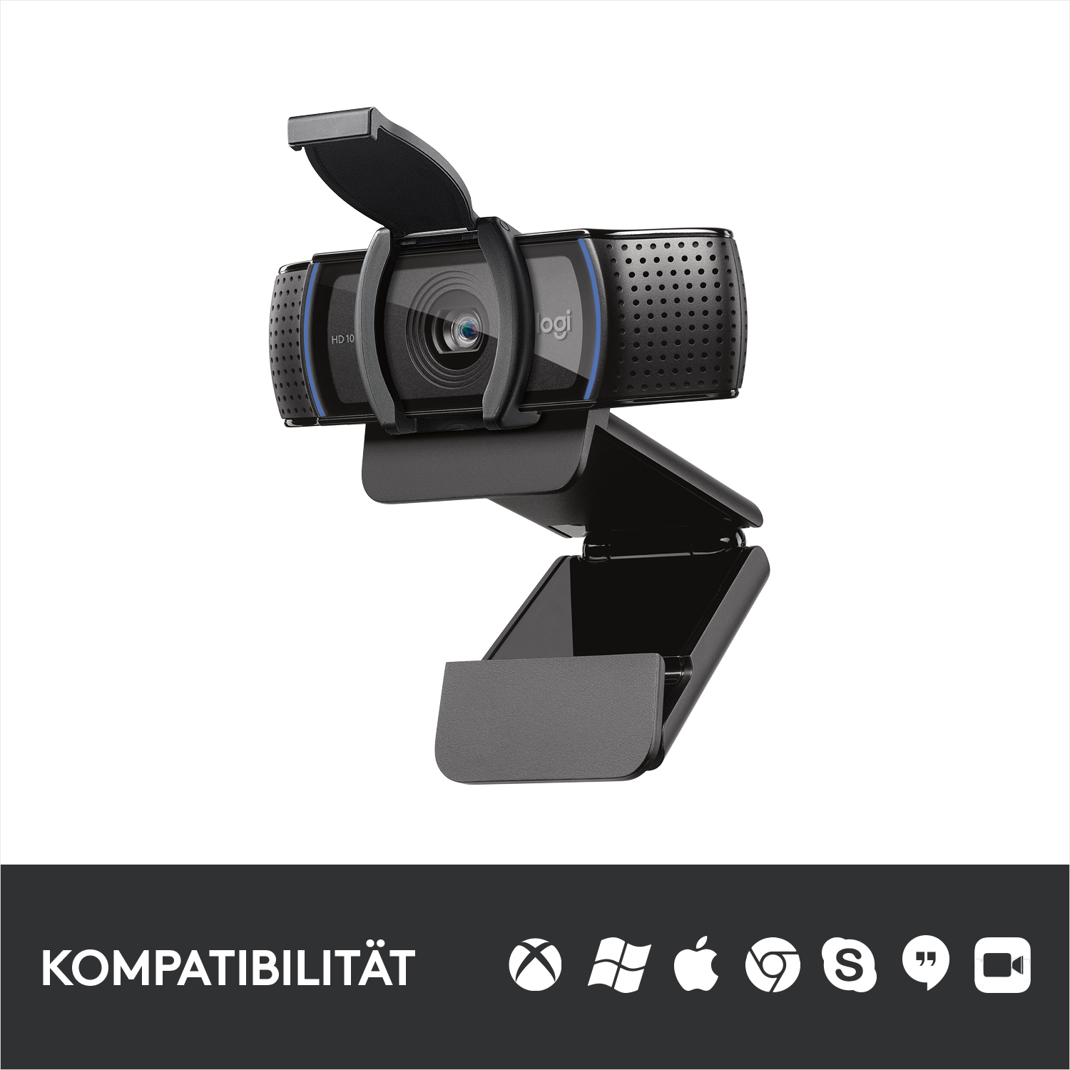 Schwarze Webcam auf einem Ständer. Kompatibilitäts-Icons für verschiedene Betriebssysteme und Plattformen.
