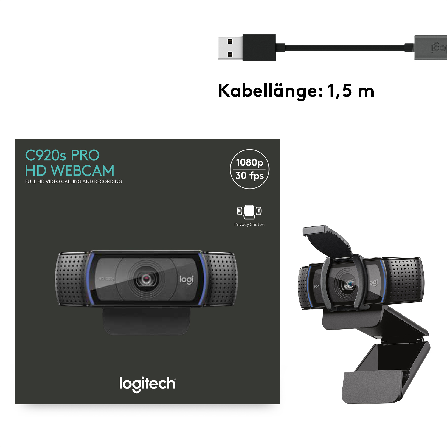 Webcam mit Box und Kabel, zeigt Front- und Winkelansicht. Text: "C920s PRO HD WEBCAM".
