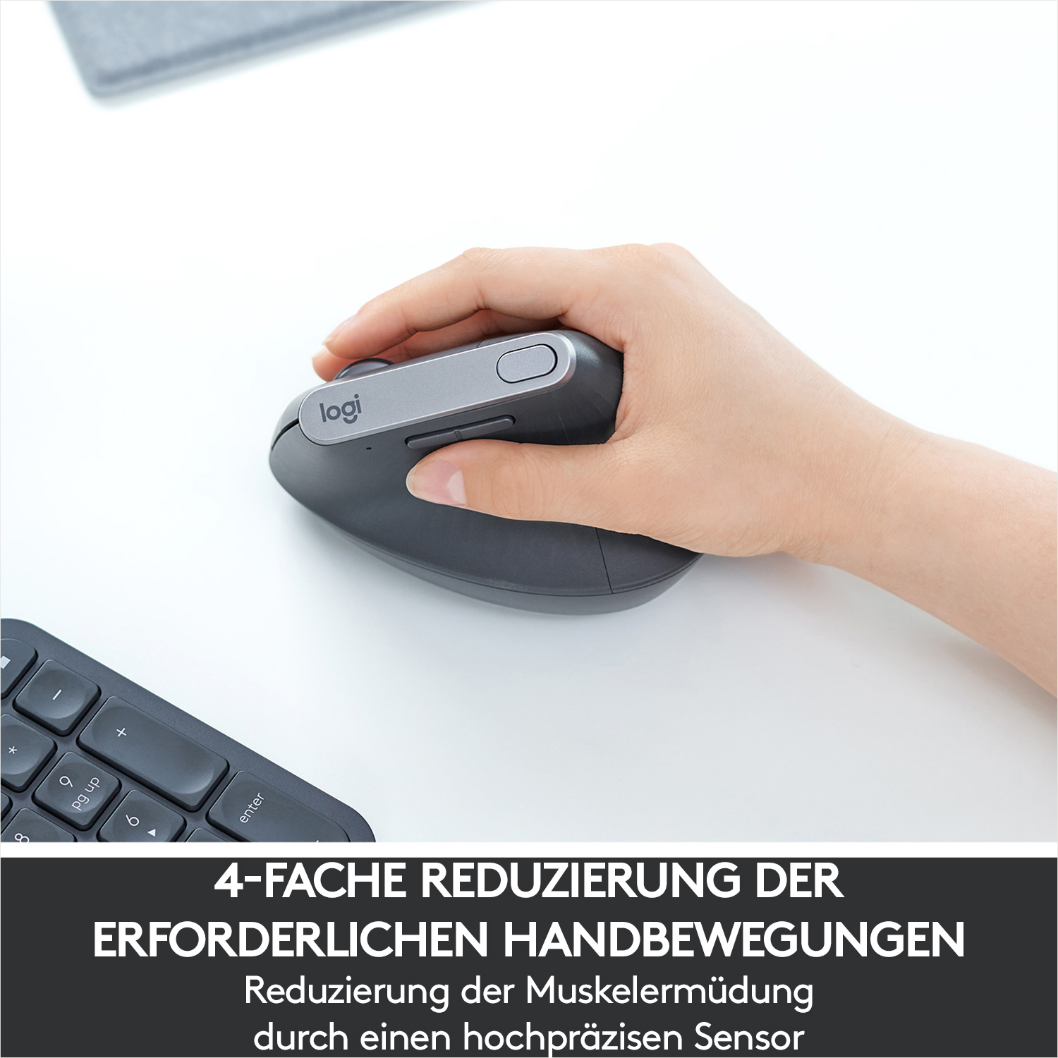 Hand benutzt Logi-Maus. Deutscher Text beschreibt reduzierte Muskelermüdung.