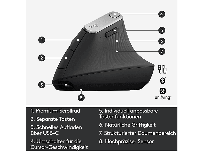 LOGITECH MX Vertical Ergonomische kabellose Maus, Bluetooth, Grafit — Foto 5 von 5