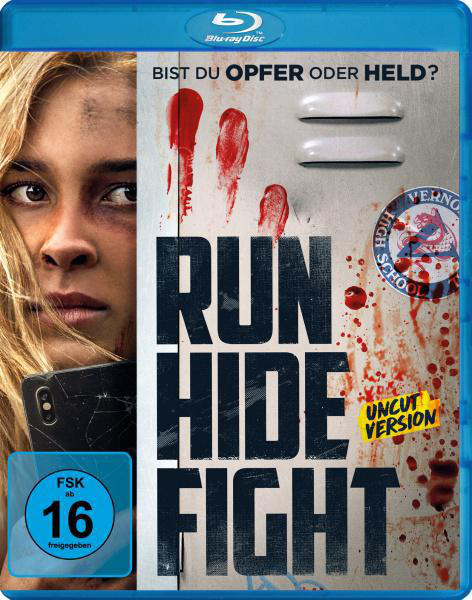 DVD-Cover von 'Run Hide Fight' mit einer Frau, Blut und Text.