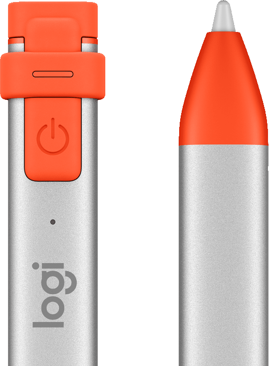 Silberner und orangener Stylus-Stift mit Ein-Aus-Taste und Schreibspitze, auf Schwarz.