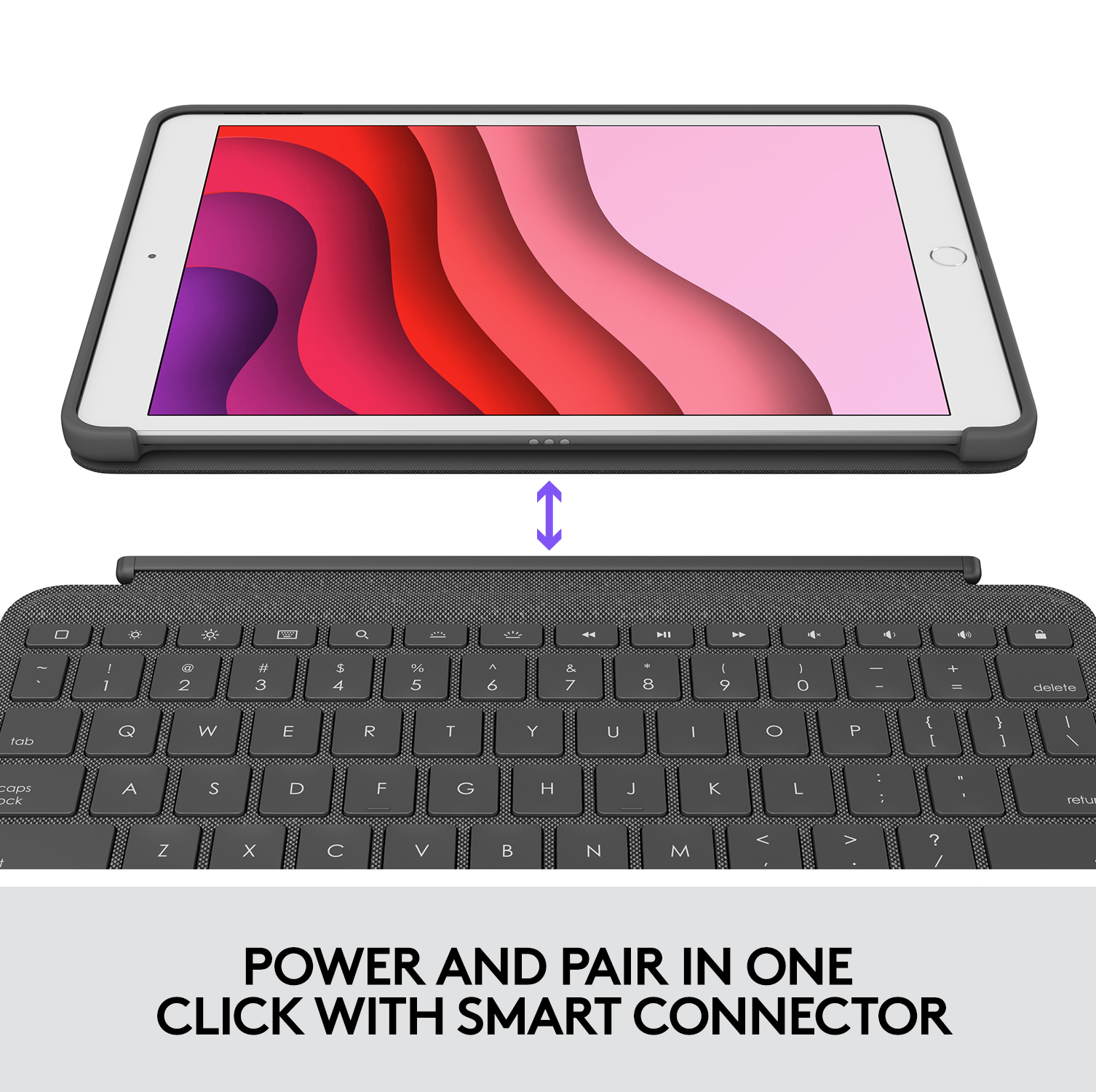 Un tablet è sopra una tastiera. Il testo dice: "POWER AND PAIR IN ONE CLICK WITH SMART CONNECTOR"