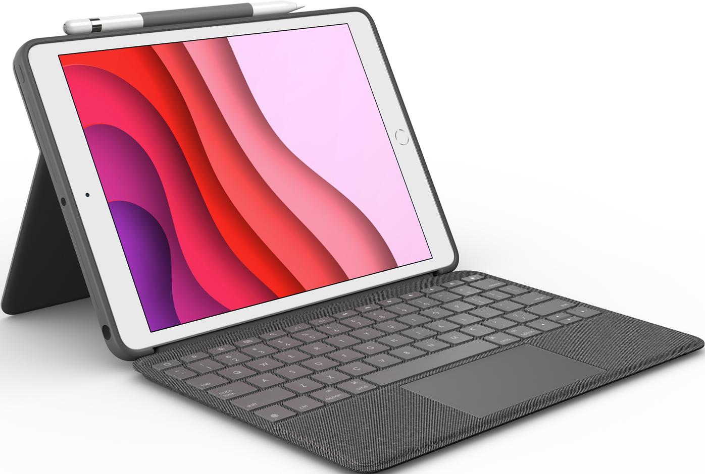 iPad in una custodia grigia con tastiera e matita collegati.