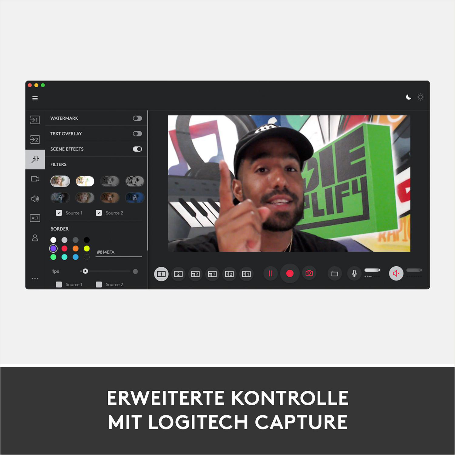 Mann im Video mit Bedienfeld. Text: ERWEITERTE KONTROLLE MIT LOGITECH CAPTURE.