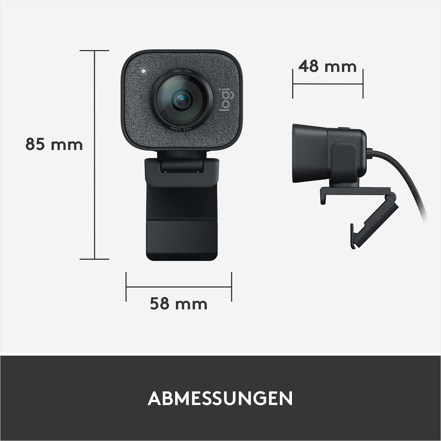 Webcam mit Abmessungen, Seiten- und Vorderansicht.
