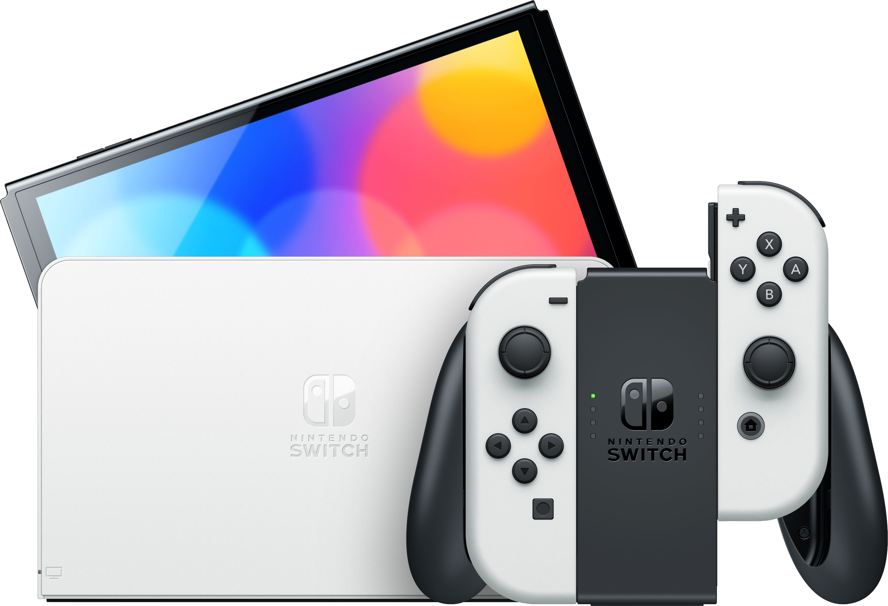 Nintendo Switch OLED modell fehér joy-conokkal, képernyővel és dokkolóval fehér háttéren.