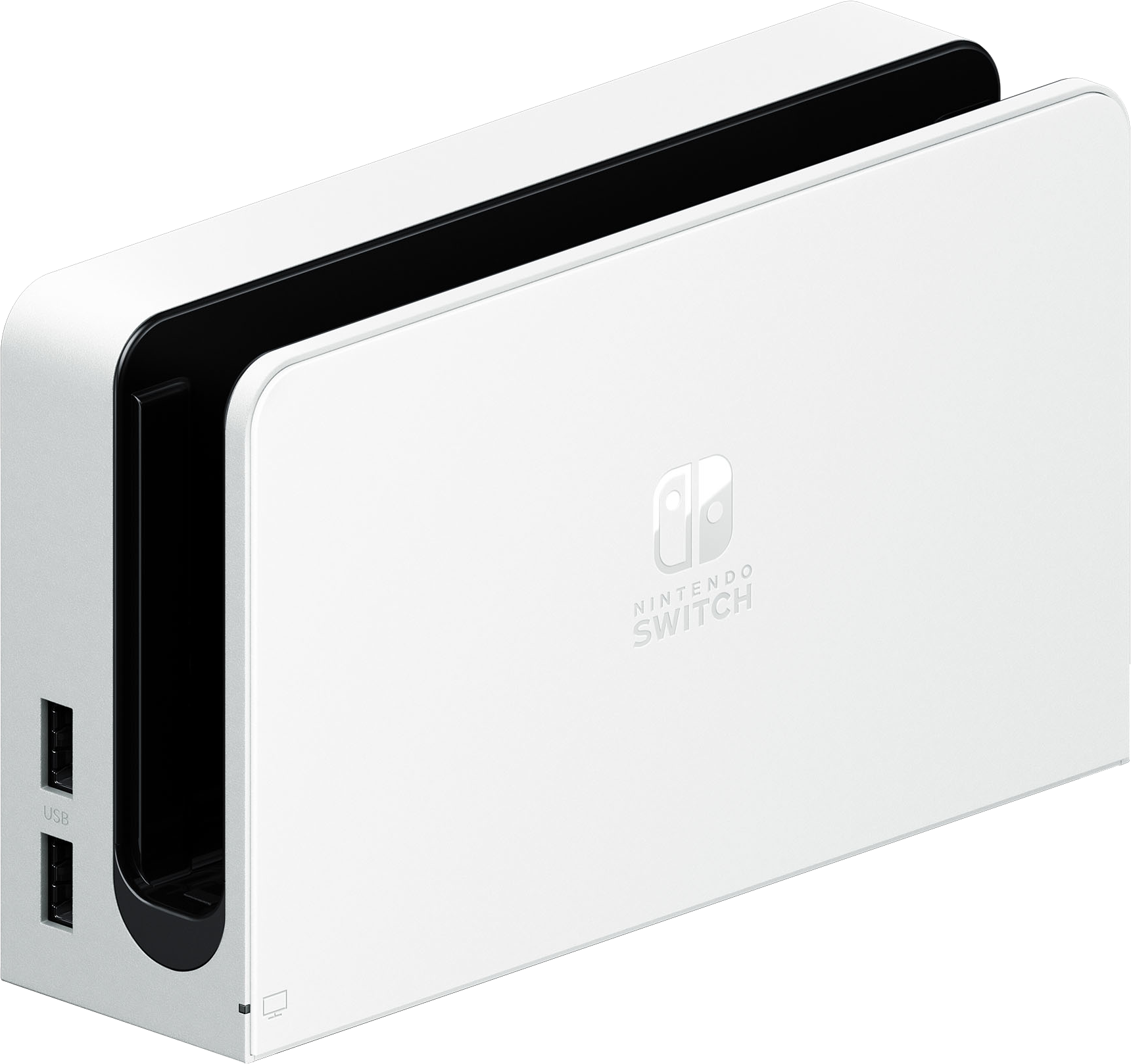 Fehér Nintendo Switch dokkoló. USB portokkal és Nintendo logóval rendelkezik.