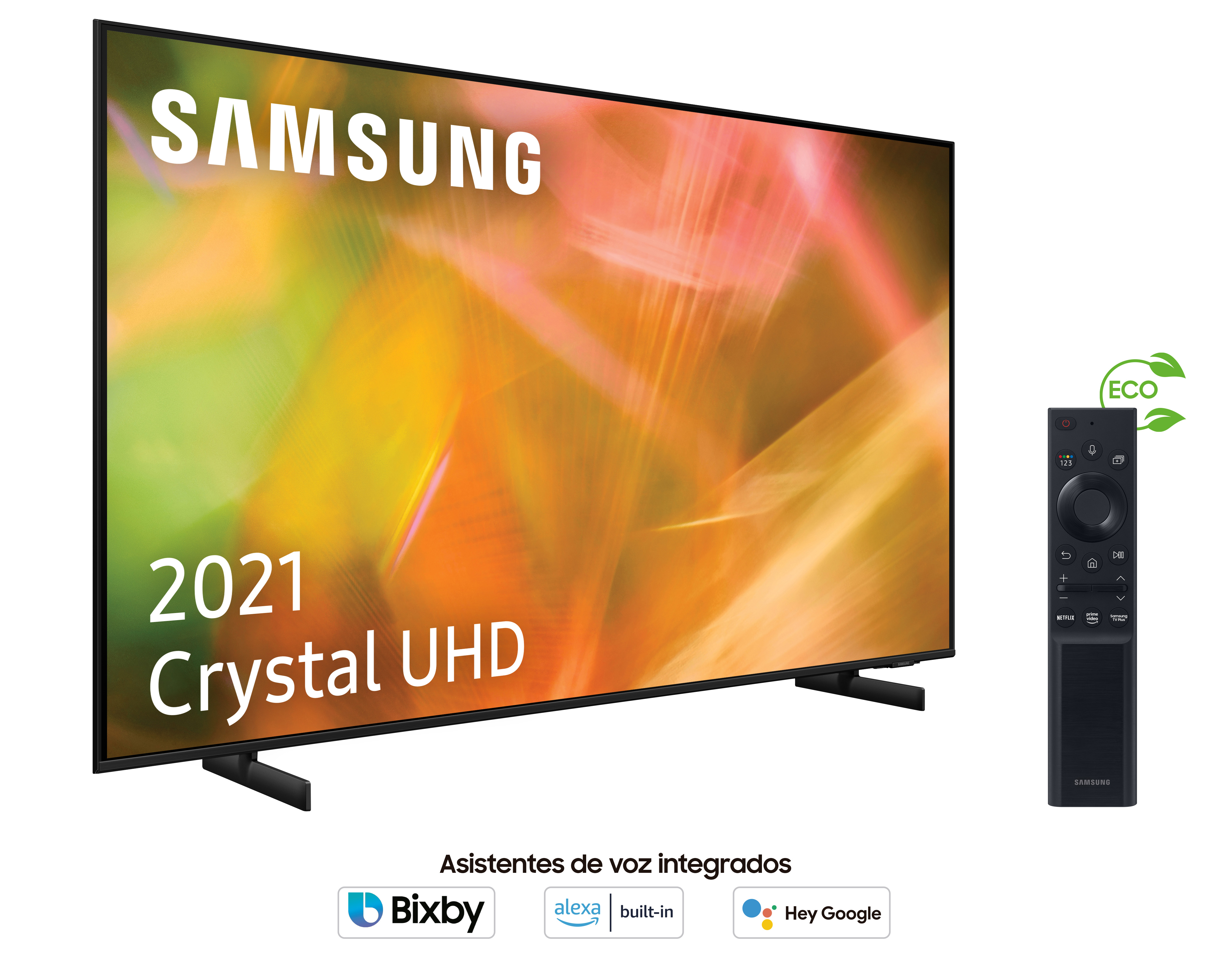 TV Samsung mostrando una imagen vibrante, mando a distancia a la derecha e iconos de asistente de voz.
