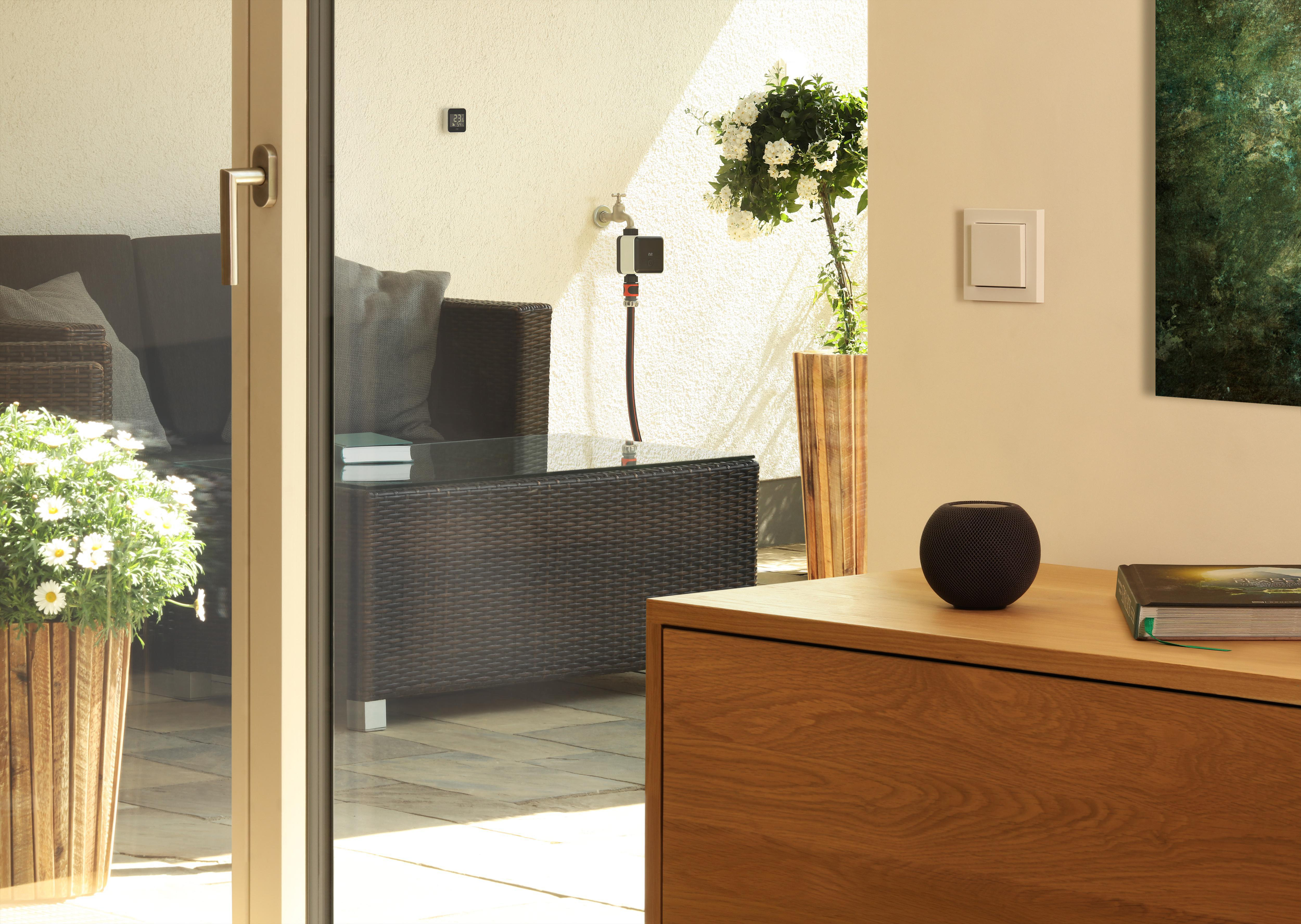 Ein modernes Wohnzimmer mit einem Smart Speaker auf einem Holzschrank, mit Blick auf die Terrasse.