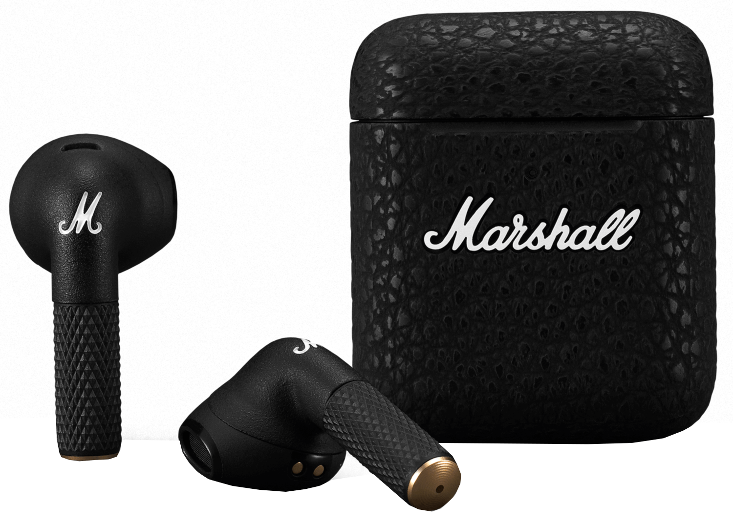 Zwarte Marshall oordopjes en een case. Wit Marshall logo.