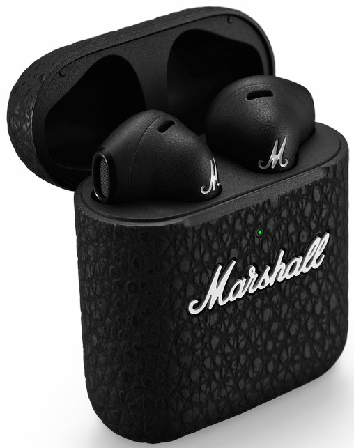 Zwarte Marshall oordopjes in een zwarte case met Marshall logo.