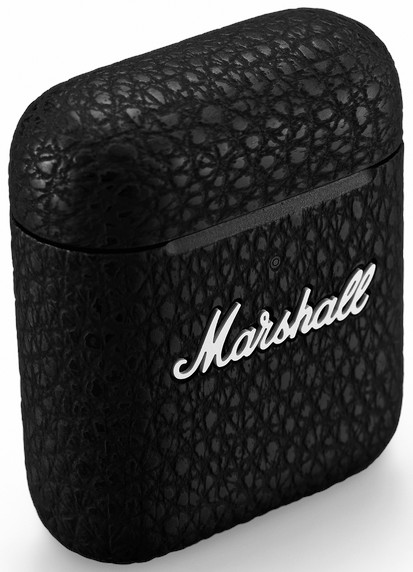 Zwarte Marshall AirPods-hoes met wit Marshall-logo.