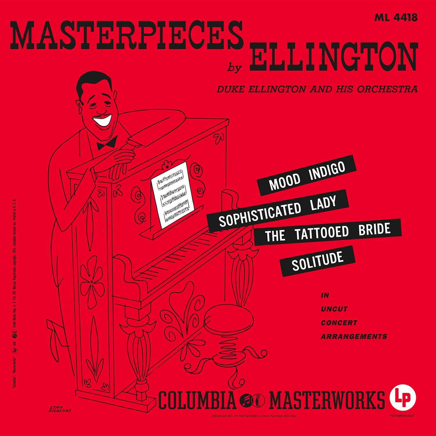 Album borító. Piros háttér, fekete vonalvezetésű Duke Ellington a zongoránál. Címek: Ellington remekművei, Mood Indigo, Columbia LP.