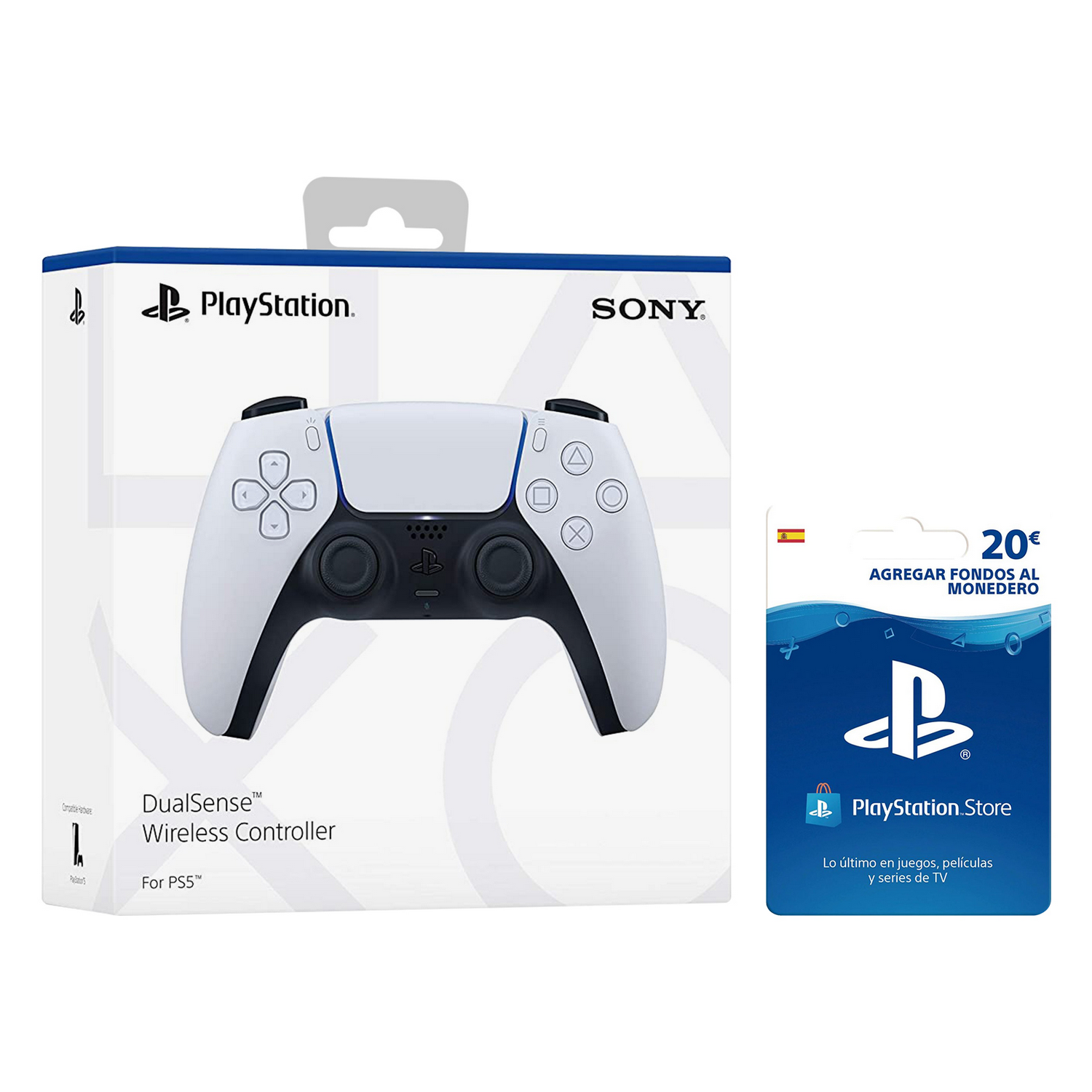 Un mando DualSense blanco de Playstation y una tarjeta de 20€ para PlayStation Store sobre fondo blanco.