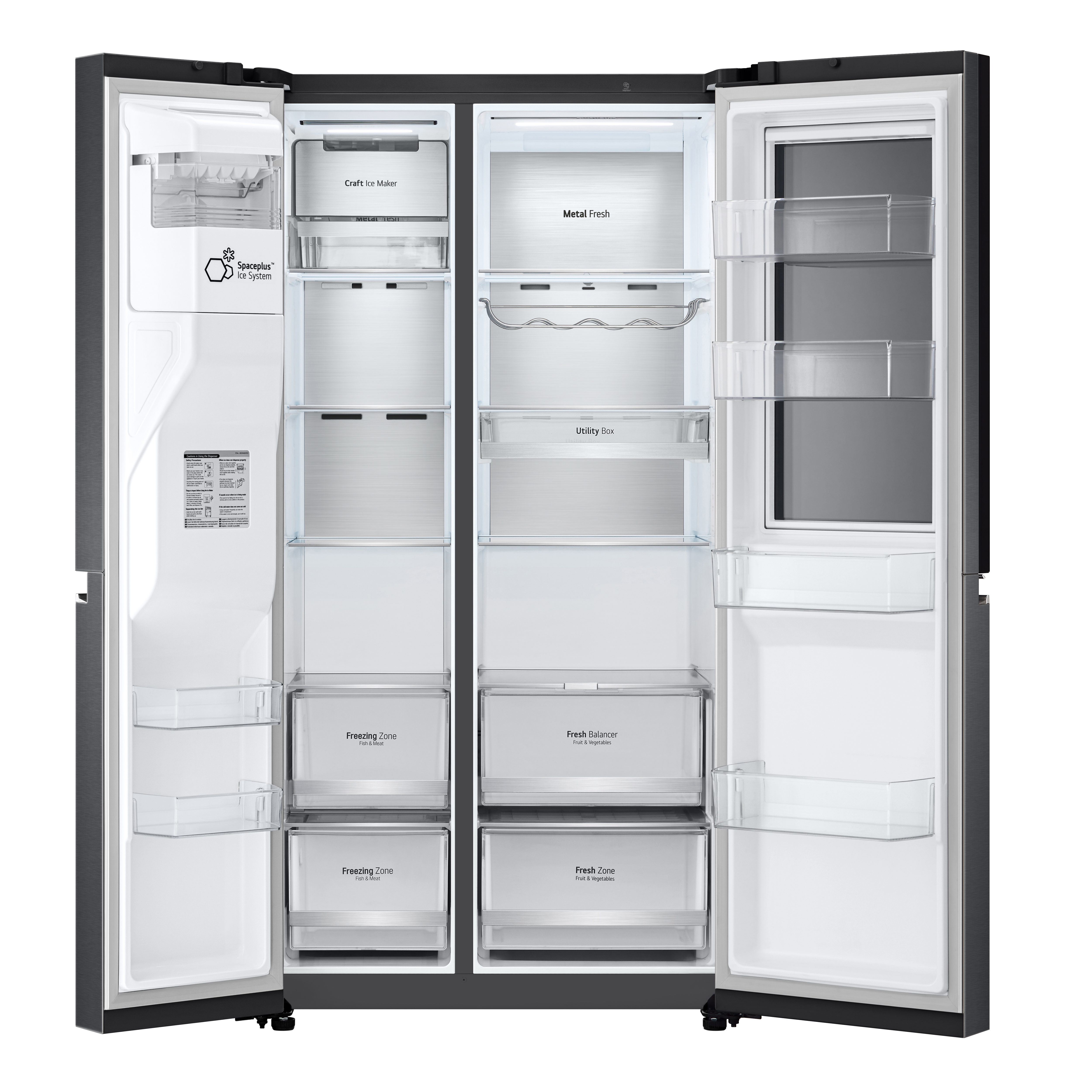 Offener Kühlschrank mit vielen Regalen, Schubladen und Stauräumen.