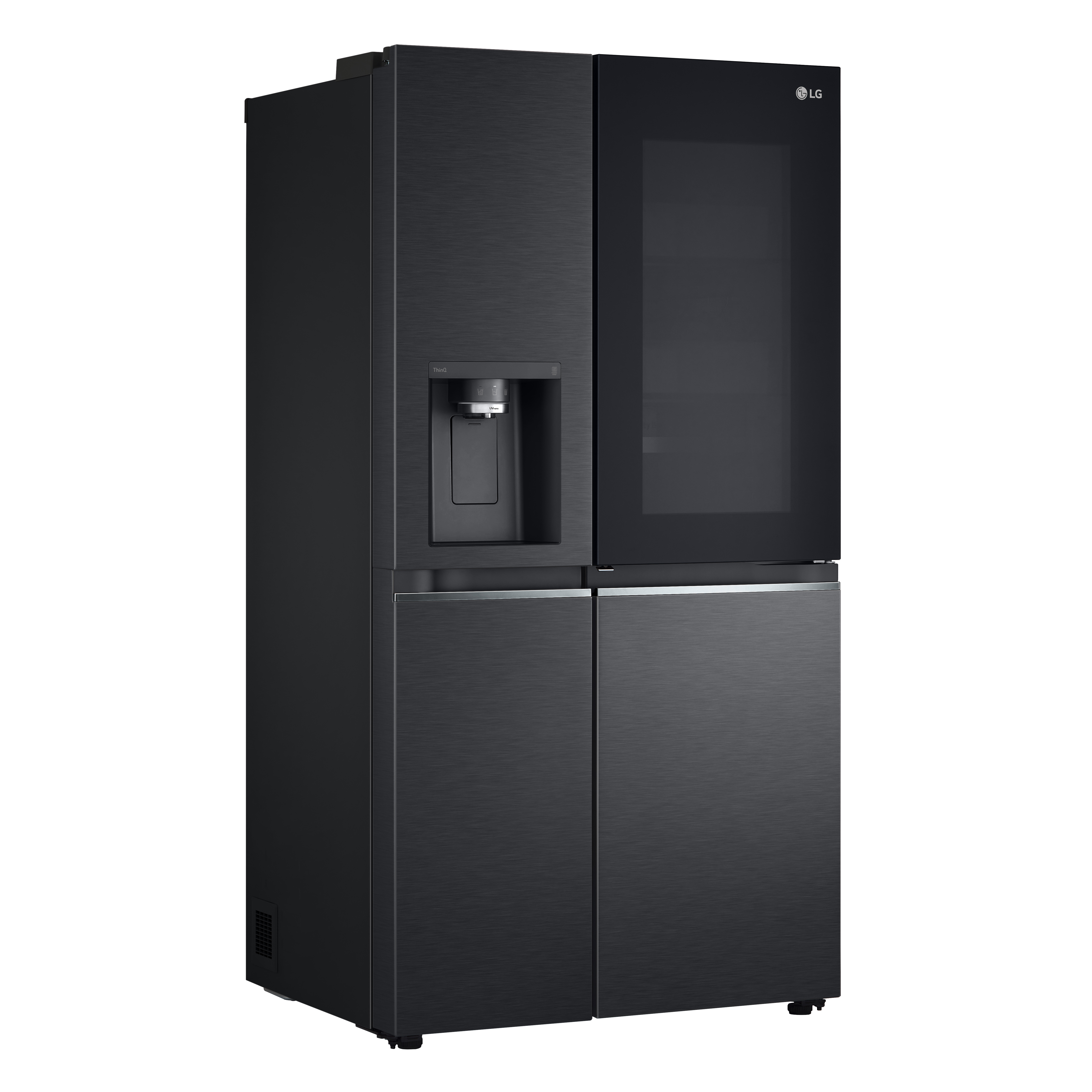 Schwarzer LG-Kühlschrank, Türen nebeneinander. Wasserspender, Glaspaneel.