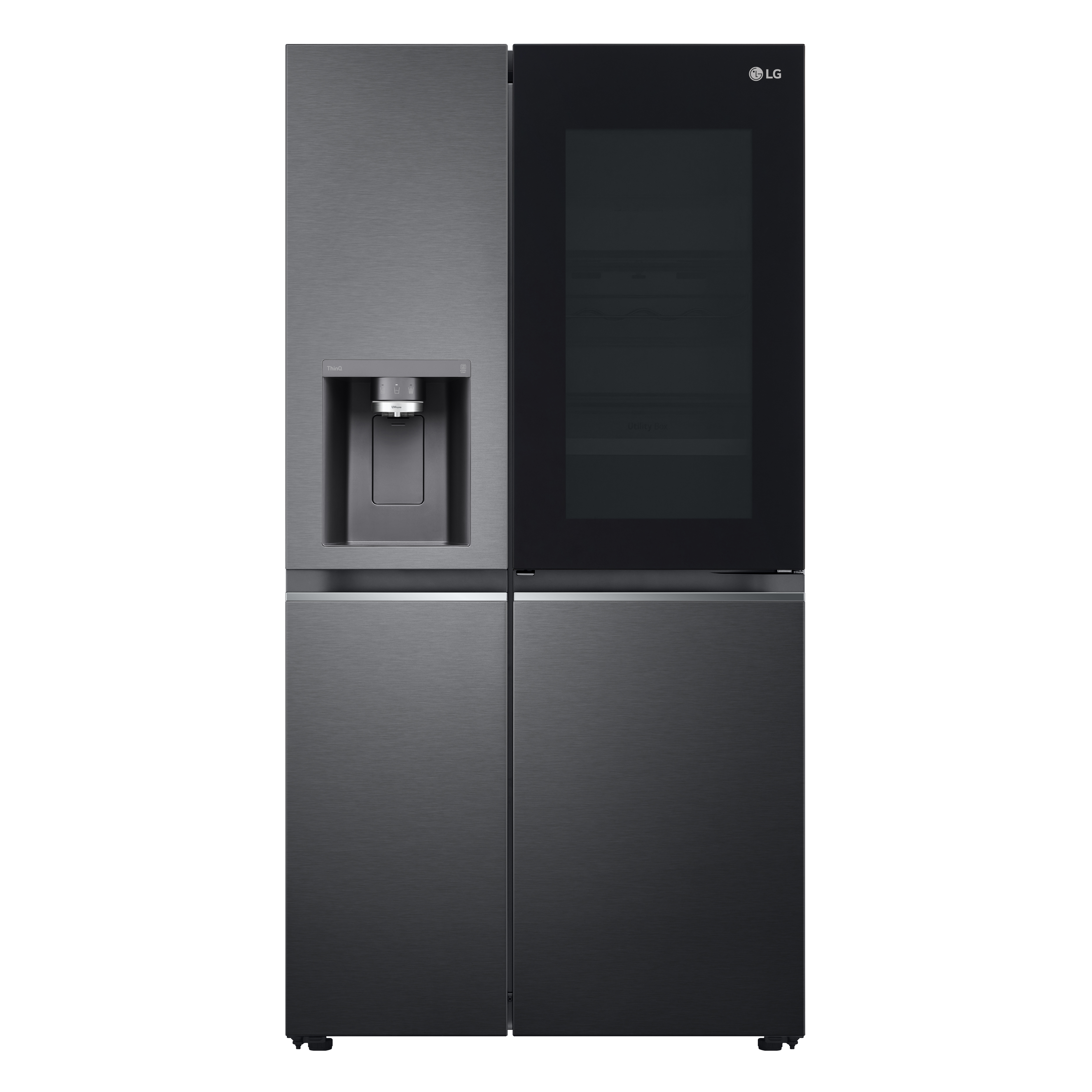 Ein schwarzer LG-Kühlschrank mit zwei Türen und einem Wasserspender.