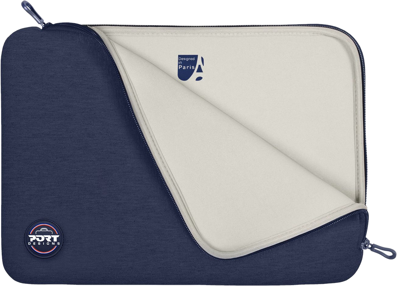 Housse d'ordinateur portable bleu marine, partiellement ouverte pour révéler un intérieur beige clair.