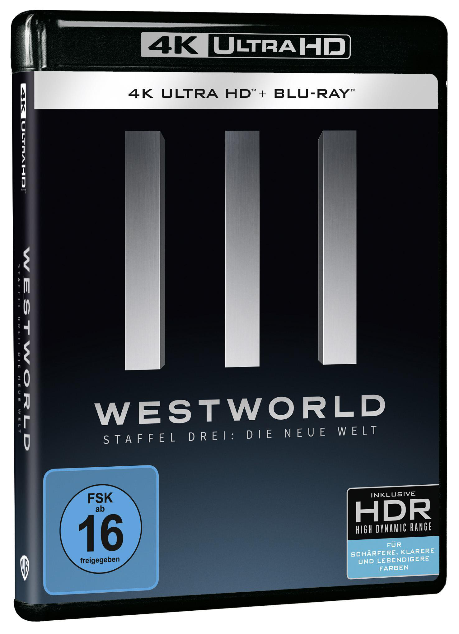 Westworld Blu-ray Box. Schwarzes Gehäuse, silberner Titel. Drei silberne vertikale Linien. FSK 16 Logo.