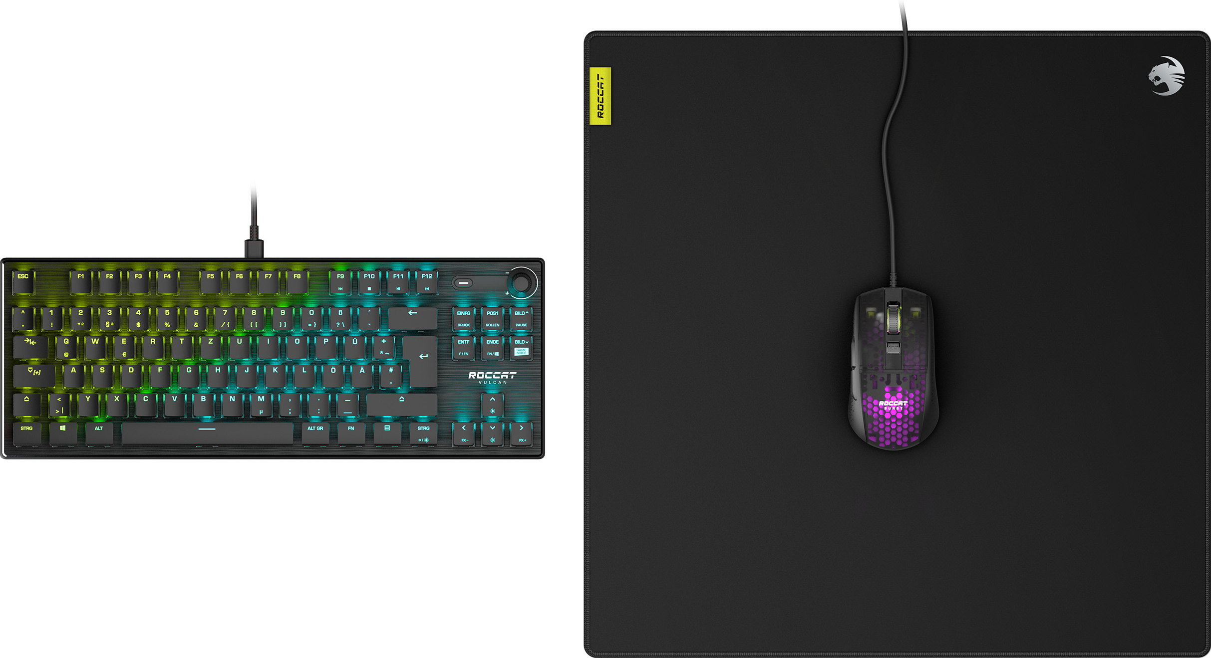 Tastatur und Maus auf einem schwarzen Mauspad.