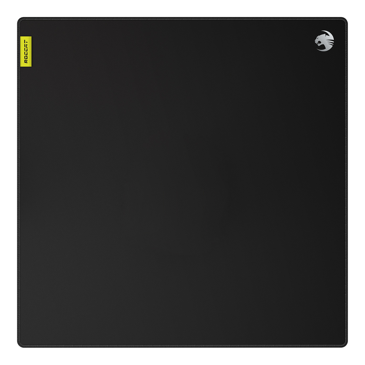 Schwarzes ROCCAT-Mauspad mit Markenlogo und gelbem Etikett.