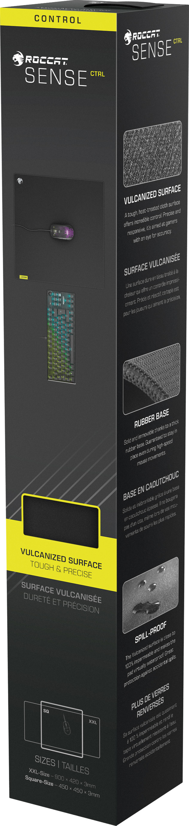 Eine lange, vertikale Box mit Text und Bildern eines Mauspads.