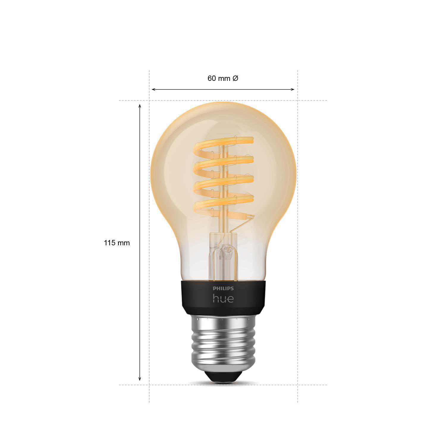 Philips Hue Glühbirne mit Wendel-Glühfaden und Abmessungen angezeigt.