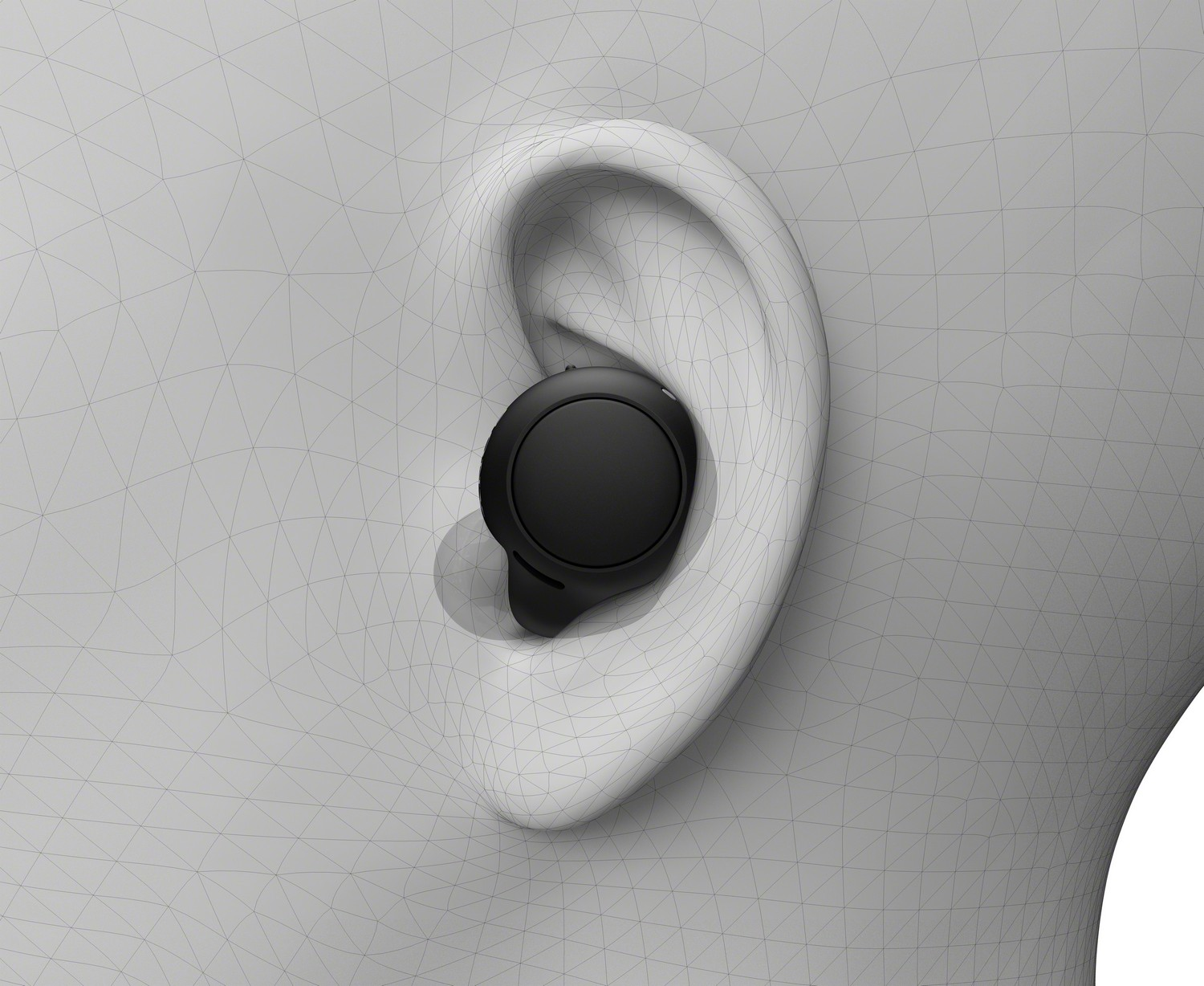 Un auricular negro en una oreja. La oreja es blanca con una red de líneas.