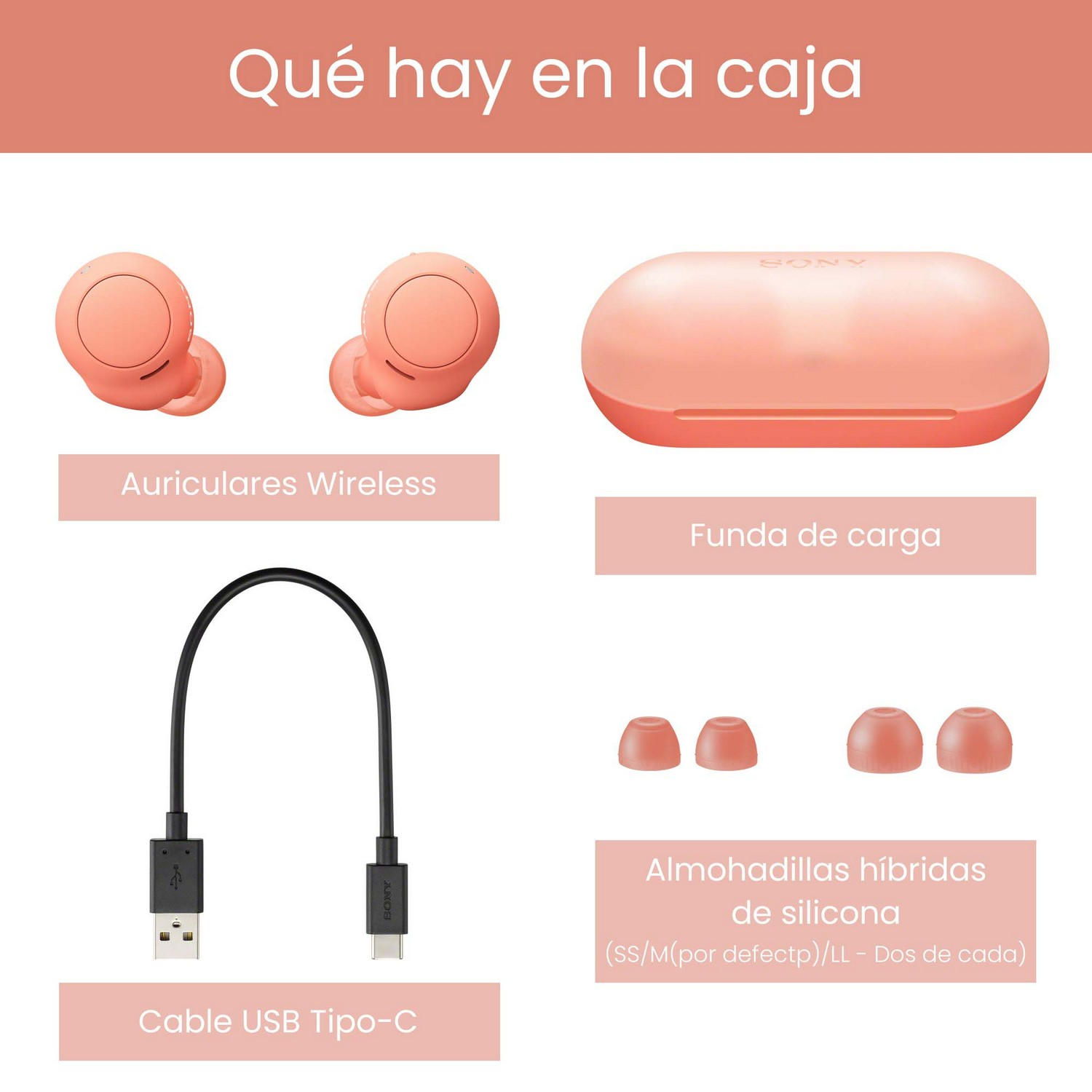 Imagen que muestra el contenido de una caja de auriculares Sony.