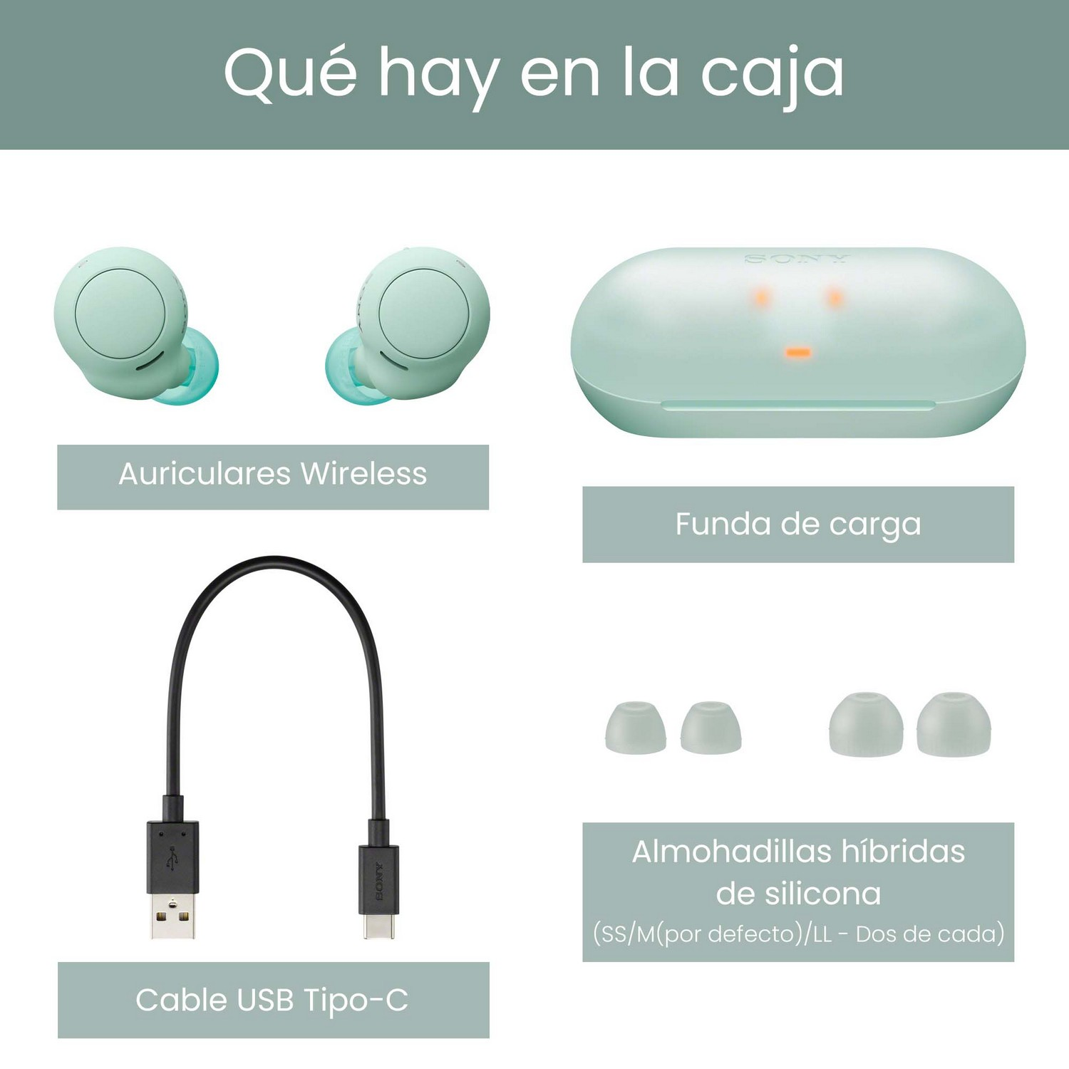 Contenido de la caja. Auriculares, estuche de carga, cable USB y almohadillas de silicona sobre fondo blanco.