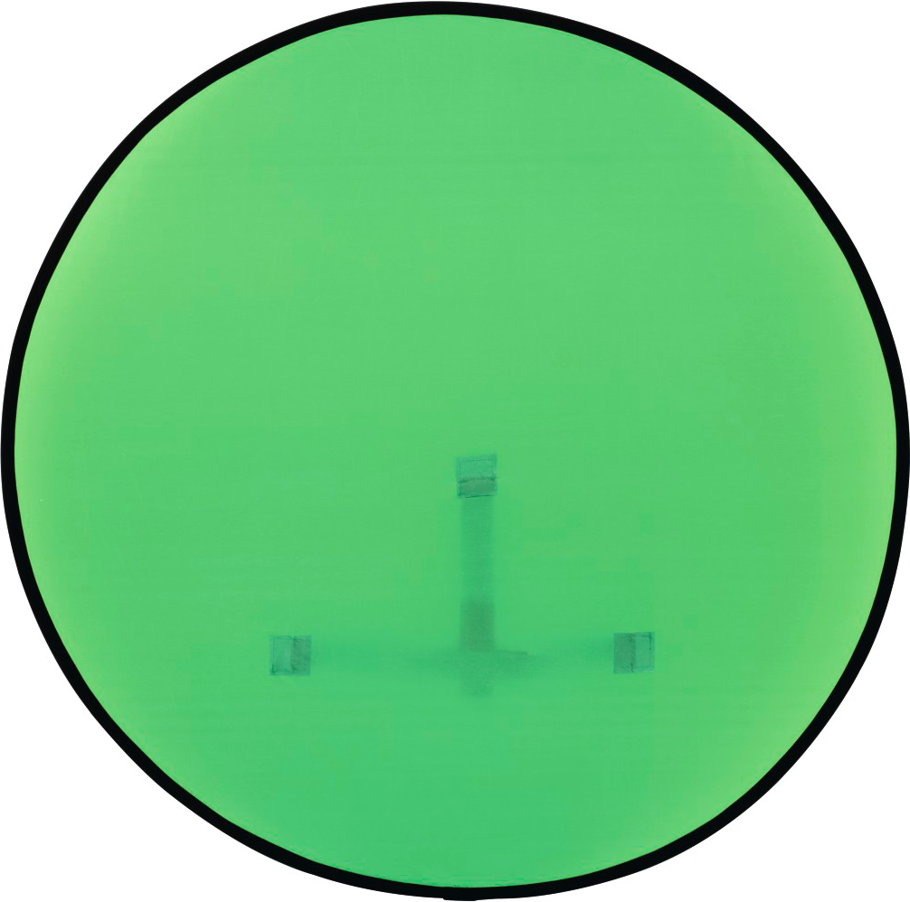 Un cercle vert avec un centre vert transparent et trois petits carrés.