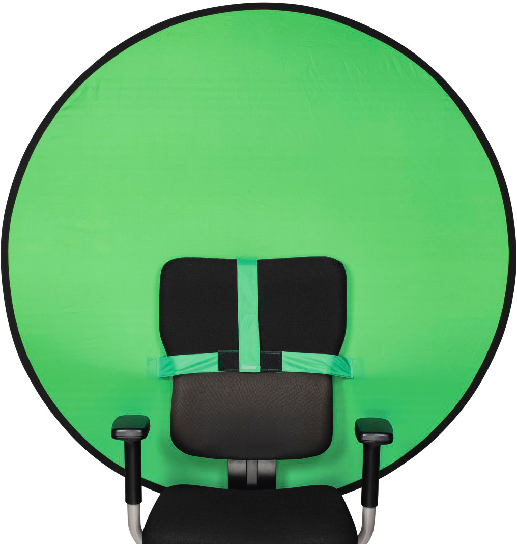 Un fond vert fixé à une chaise de bureau noire.