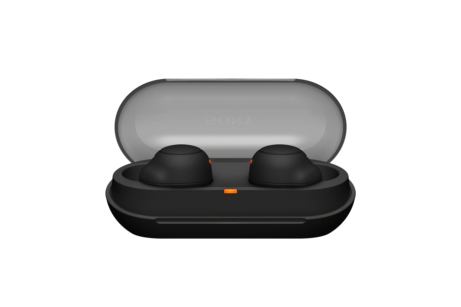 Écouteurs Sony noirs dans leur étui de chargement. Étui ouvert.