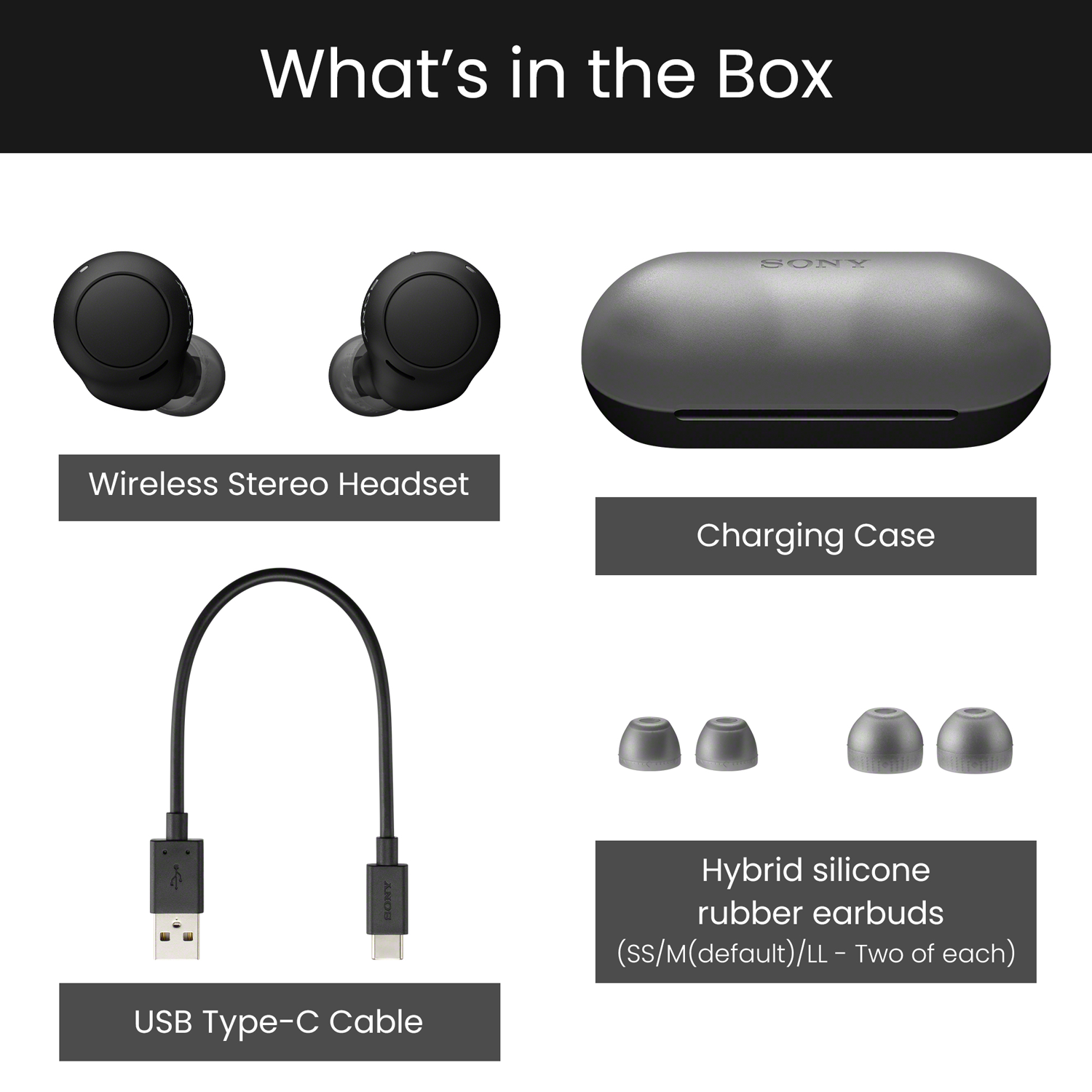 Contenu de la boîte : écouteurs sans fil, étui de chargement, câble USB et embouts.