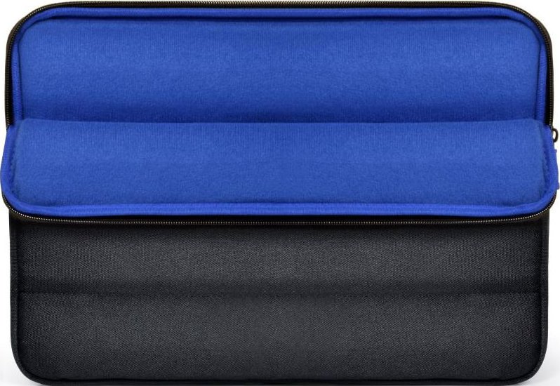 Une housse pour ordinateur portable, extérieur noir, intérieur bleu. La housse est ouverte, montrant l'intérieur.