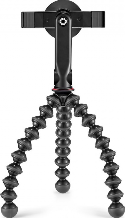 Un treppiede Joby nero con gambe flessibili e un supporto per telefono in alto.