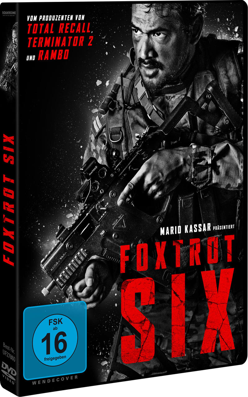 Filmcover für Foxtrot Six mit einem Mann, der eine Waffe hält, und einem roten Titel.