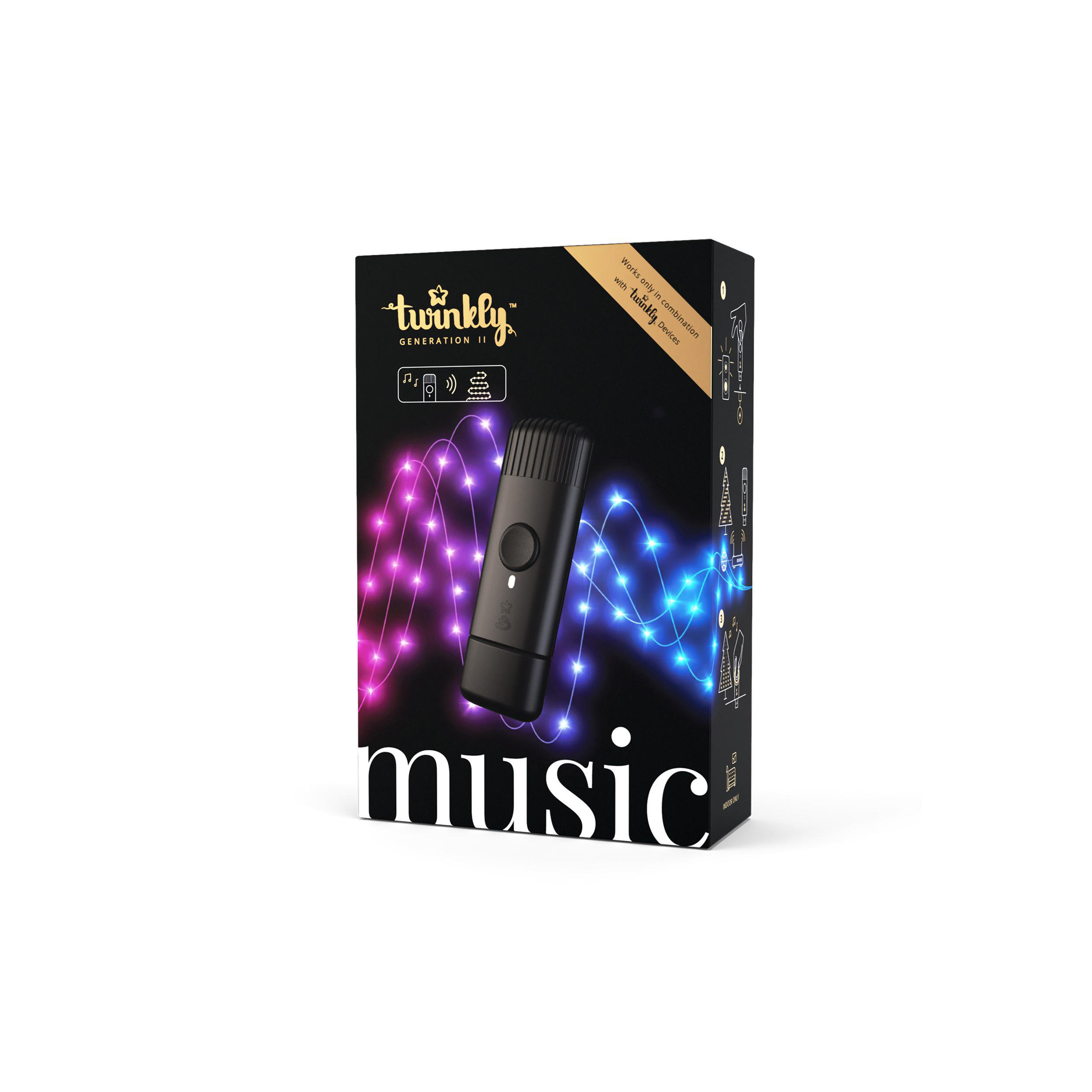 Musikzubehörbox mit farbenfroher Lichtanzeige und Produktdetails.