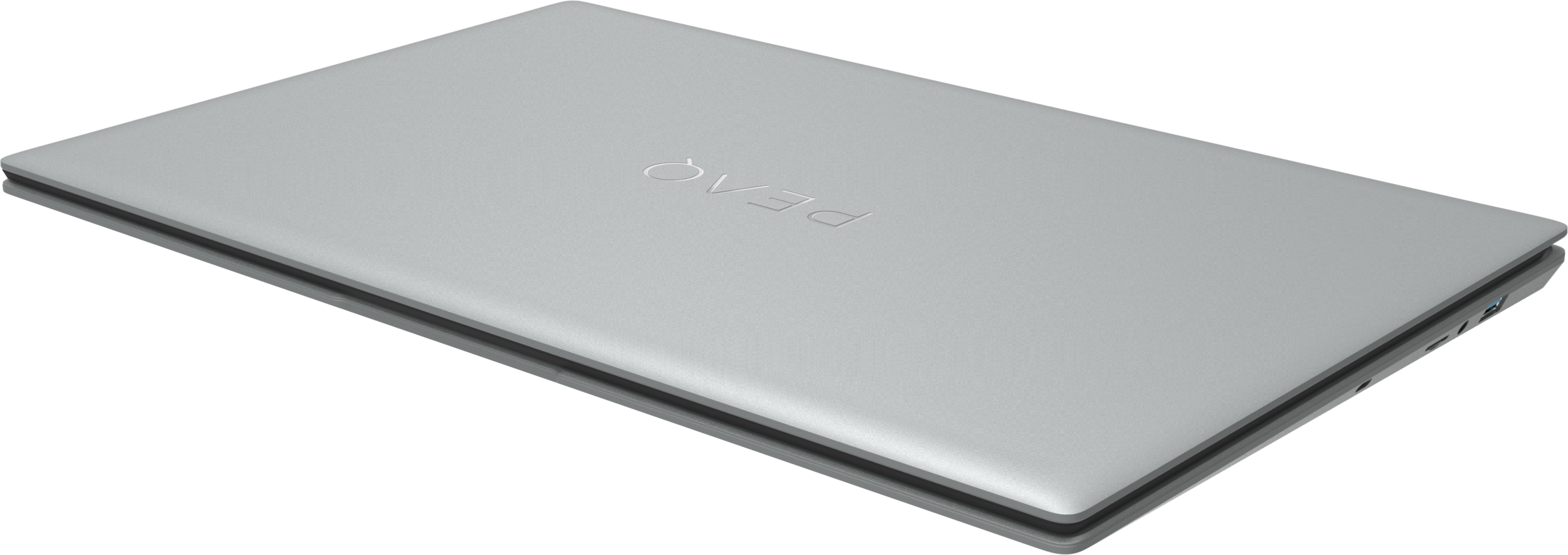 Ein silberner Laptop, geschlossen, mit schlankem Design. Der Name PEAQ ist auf dem Deckel sichtbar.