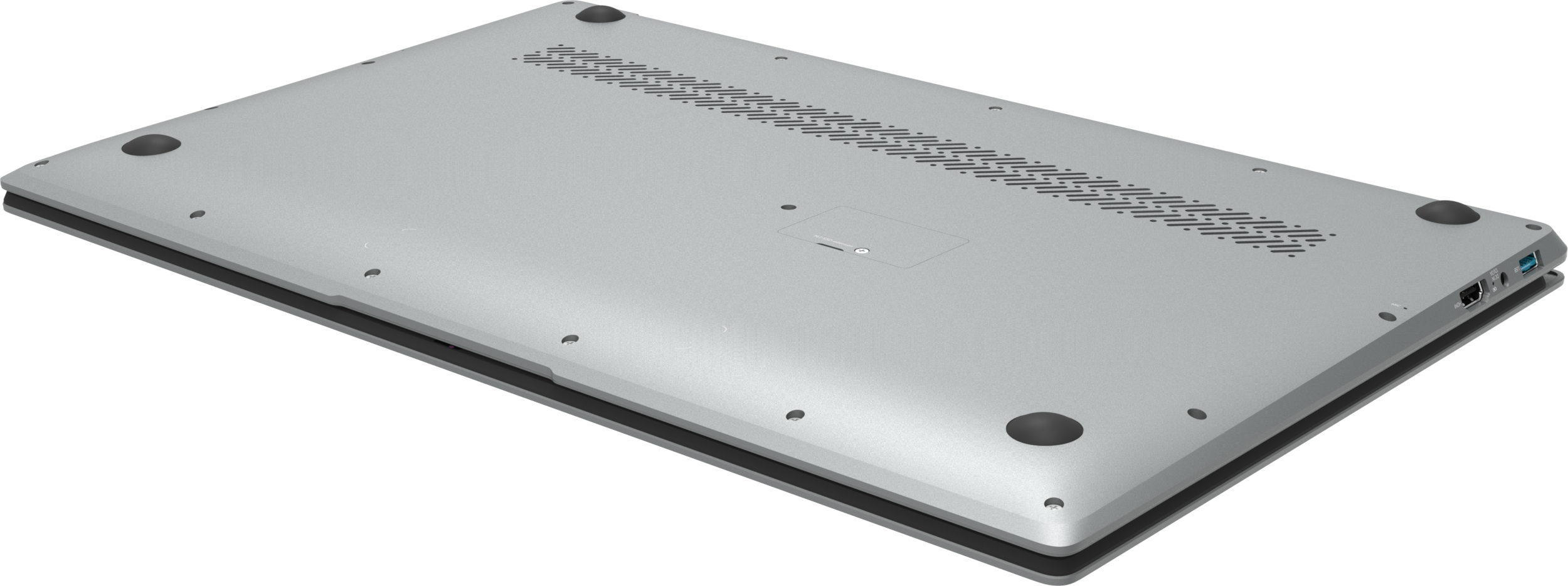 Unterseite eines silbernen Laptops mit Lüftungsschlitzen, Anschlüssen und Füßen.