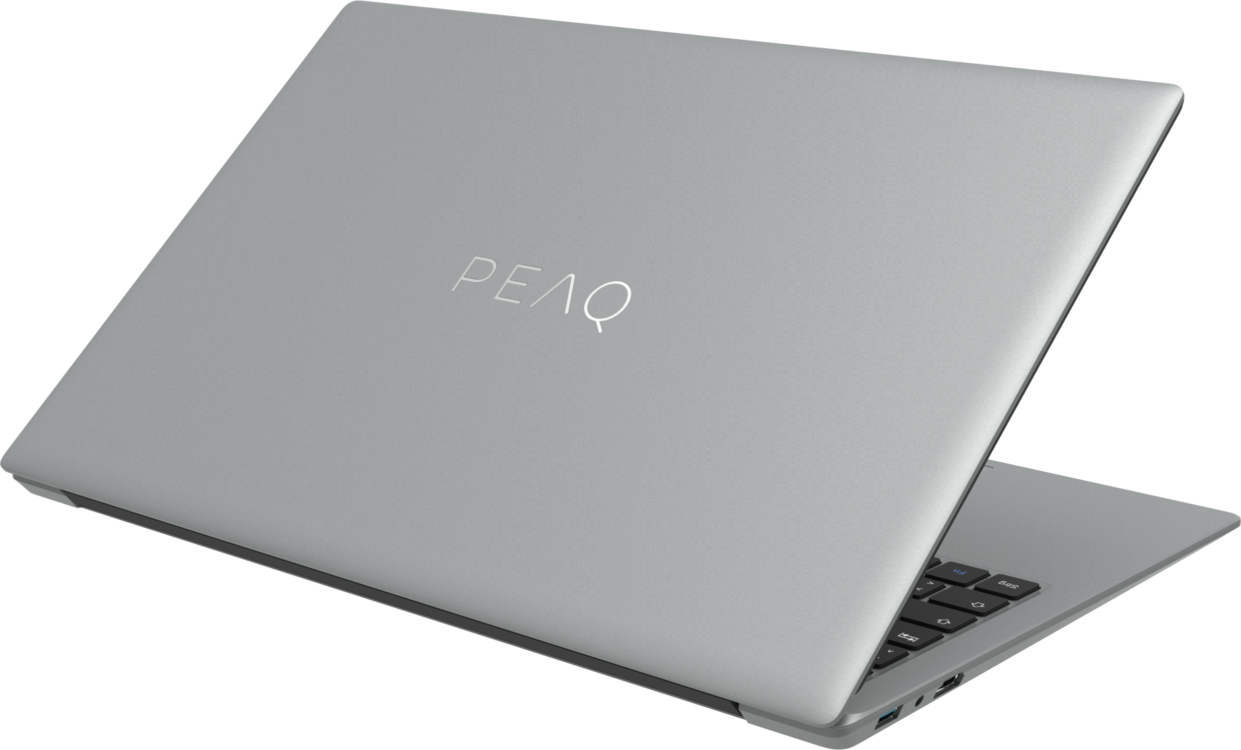 Laptop: Silber, PEAQ-Logo, schwarze Tastatur, auf schwarzer Oberfläche geöffnet.