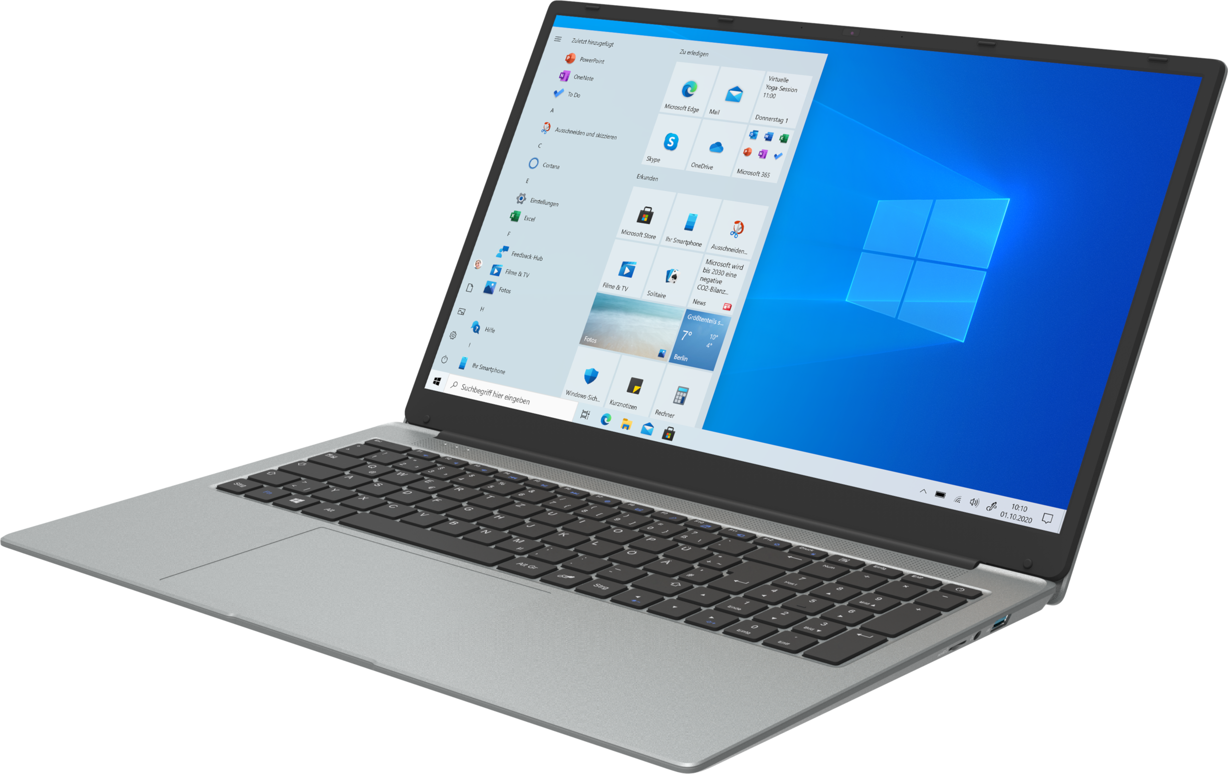Ein silberner Laptop, geöffnet, mit Windows-Oberfläche auf dem Bildschirm, zum Betrachter geneigt.