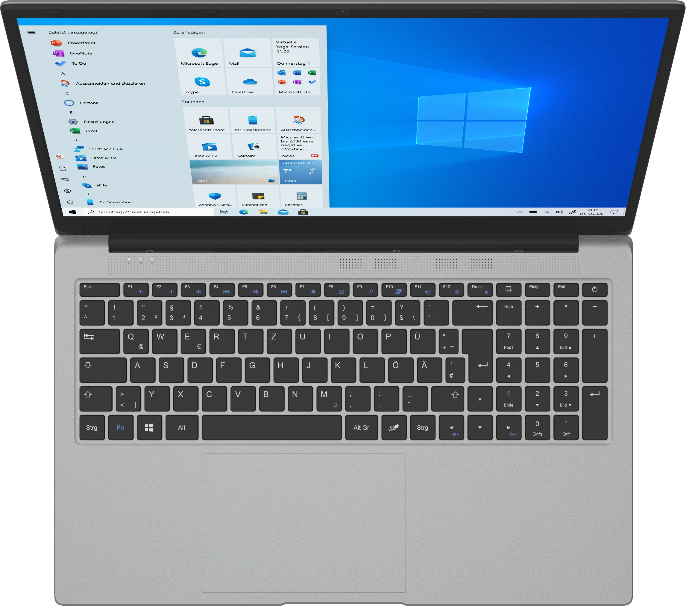 Laptop mit Windows 10 Oberfläche. Geöffnet, zeigt verschiedene App-Symbole.