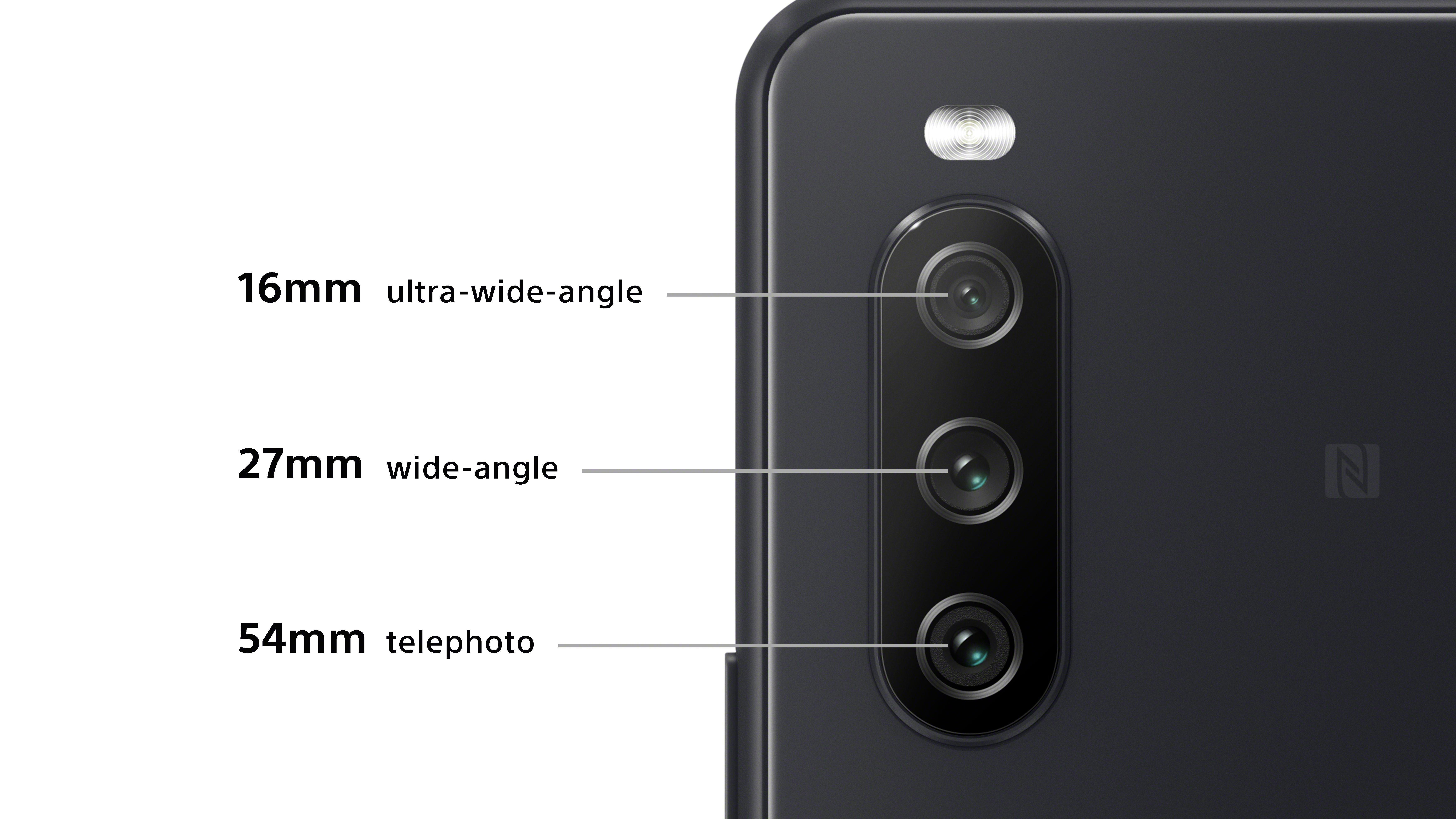 Nahaufnahme eines Smartphones mit drei Kameras und Textbeschriftungen: 16 mm, 27 mm und 54 mm, die die Brennweiten der Objektive angeben.