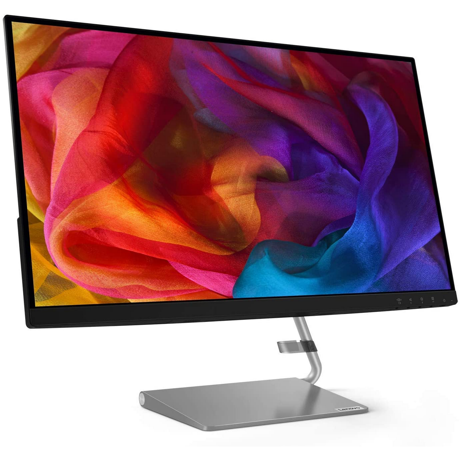 Monitor de computadora moderno que muestra arte abstracto colorido, soporte plateado, marco negro.