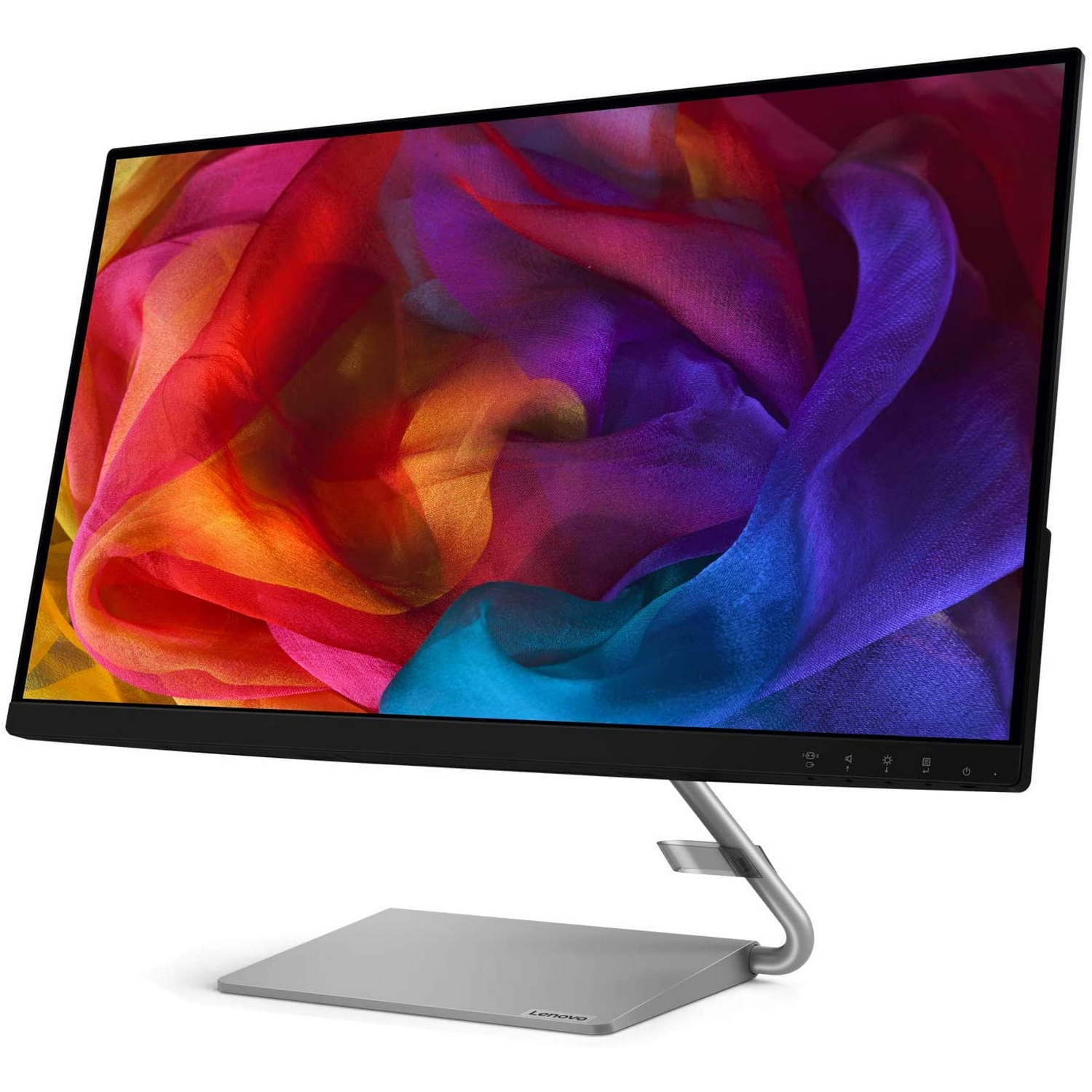 Monitor de computadora con pantalla colorida. Soporte gris. La pantalla muestra un diseño colorido vibrante.