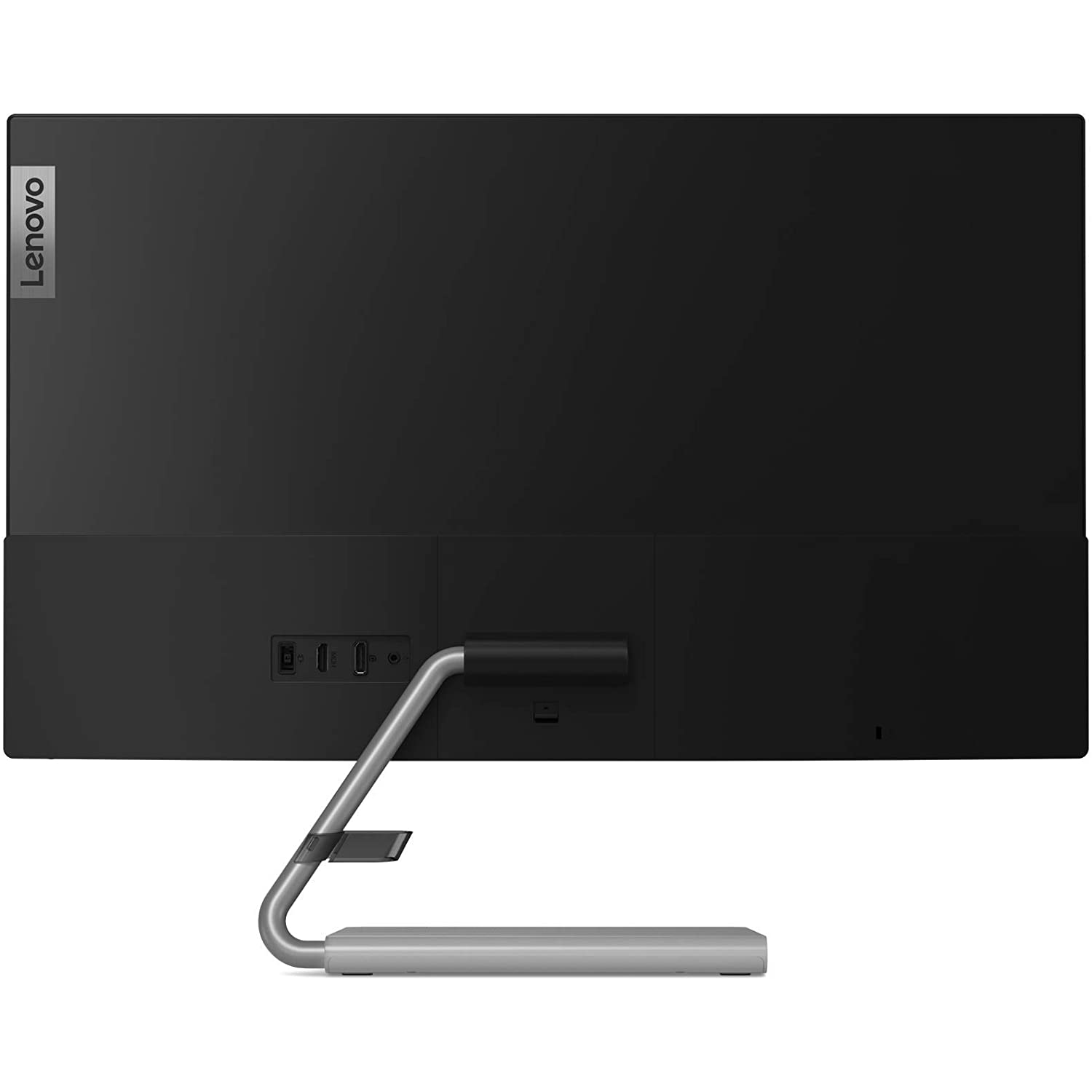 Parte trasera de un monitor Lenovo negro. Tiene puertos y un soporte plateado y curvo.