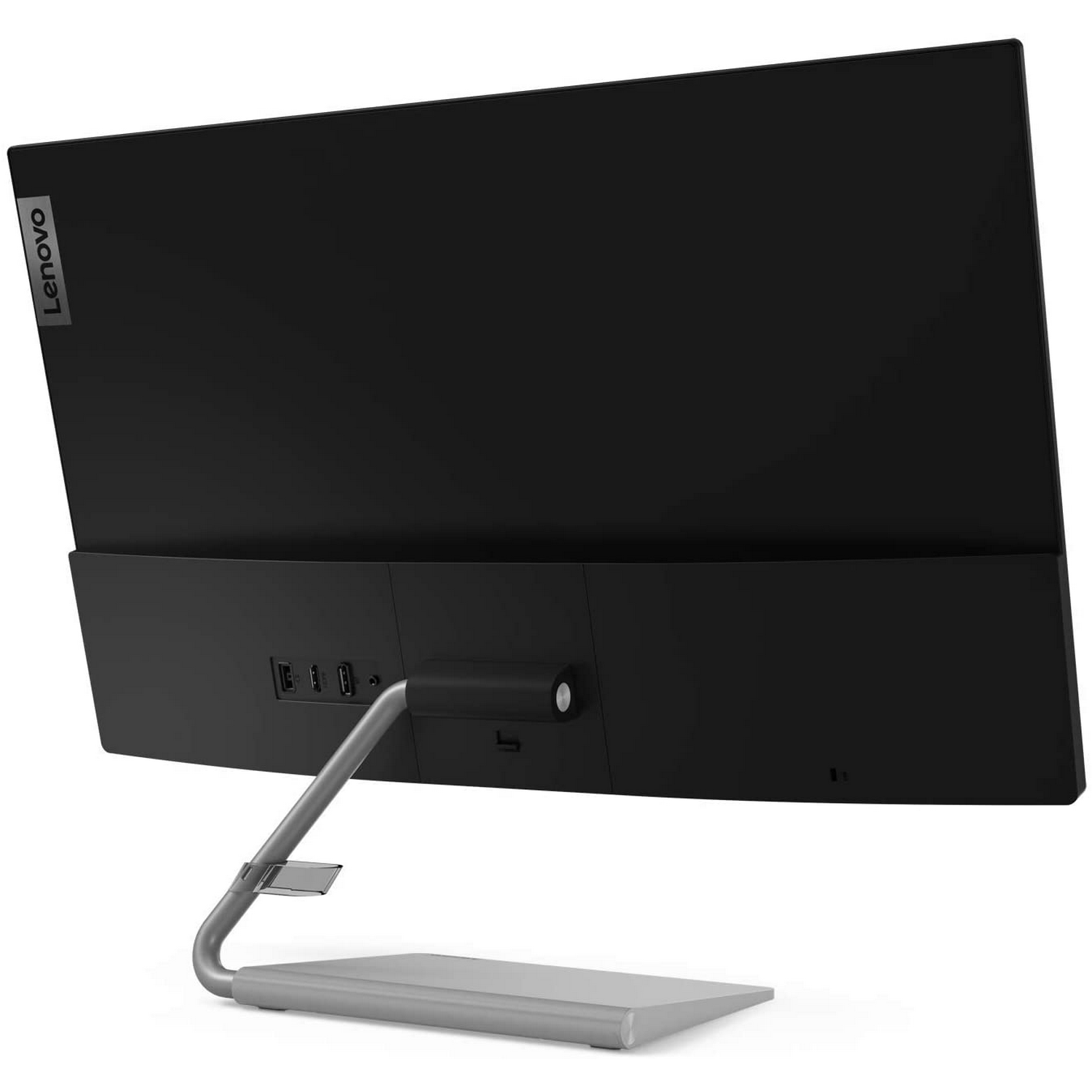 Monitor de ordenador negro desde la parte trasera. Soporte plateado, logo Lenovo arriba.